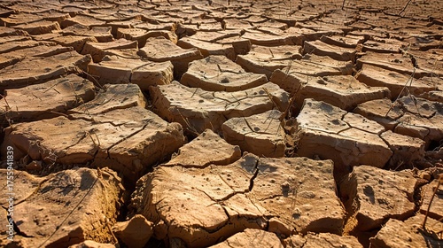 Dry Earth, Scarce Water: The Harsh Reality of Drought. Depicting cracked soil, withered plants, and a parched landscape. It shows the lack of water, the struggle for survival, and the impact on the en