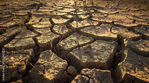 Dry Earth, Scarce Water: The Harsh Reality of Drought. Depicting cracked soil, withered plants, and a parched landscape. It shows the lack of water, the struggle for survival, and the impact on the en