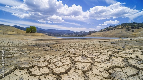 Dry Earth, Scarce Water: The Harsh Reality of Drought. Depicting cracked soil, withered plants, and a parched landscape. It shows the lack of water, the struggle for survival, and the impact on the en