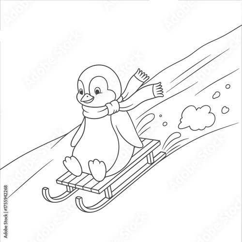Cute cartoon penguin sledding down a snowy slope on a wooden sled black and white outline vector illustration for coloring book page
