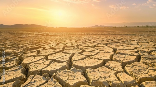Dry Earth, Scarce Water: The Harsh Reality of Drought. Depicting cracked soil, withered plants, and a parched landscape. It shows the lack of water, the struggle for survival, and the impact on the en