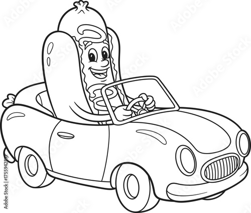 Happy Hot Dog Mascot Driving Convertible Car Coloring Page Line Art