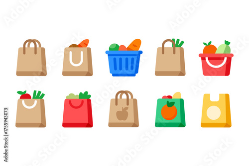 A collection of colorful shopping bags and baskets, filled with various fresh fruits and vegetables.