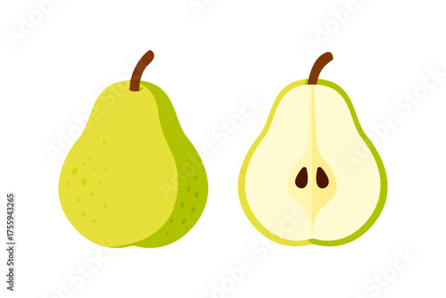 A whole pear and a halved pear, showcasing the fruit's interior details.