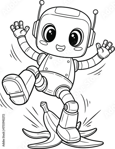 Cute cartoon robot character slipping on a banana peel line art illustration coloring page outline vector