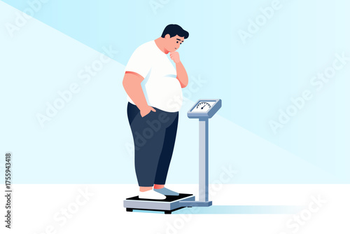 An overweight man stands on a scale, looking down with a worried expression.