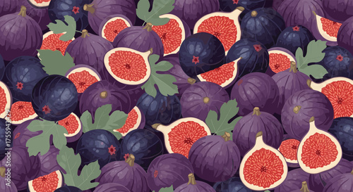 A close up view of ripe purple figs with green leaves scattered around.