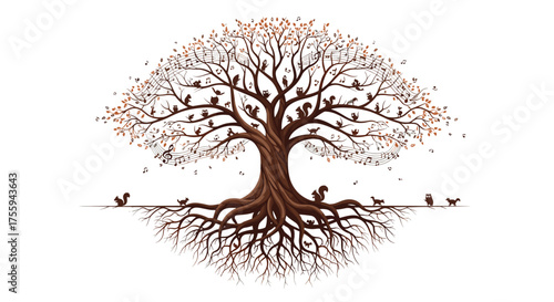A detailed illustration of a large deciduous tree with exposed roots inhabited by various small animals.