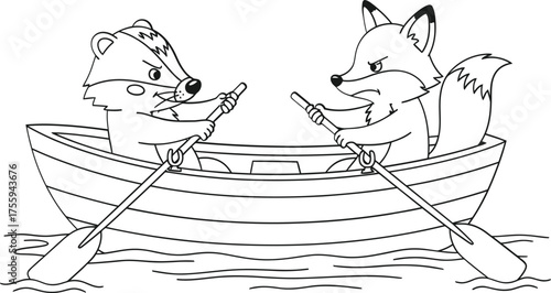 Cartoon Badger and Fox in Rowboat Conflict Outline Drawing for Coloring Book