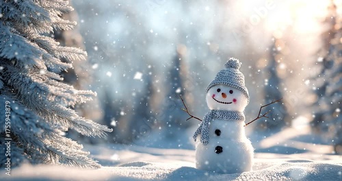 Snowman in Winter Forest with Snow Covered Trees and Festive Christmas Atmosphere