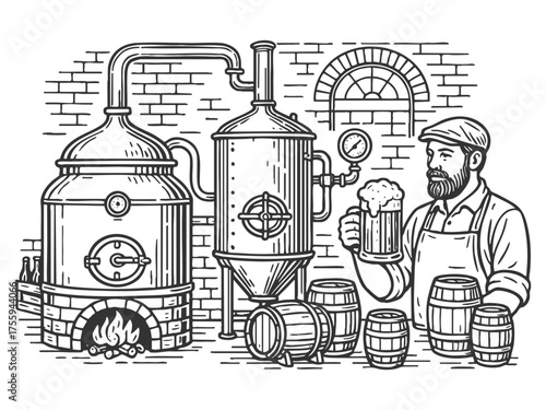 bearded brewer holding a beer mug inside a traditional craft brewery with barrels and equipment sketch engraving generative ai fictional character vector illustration. Scratch board. Black and white.