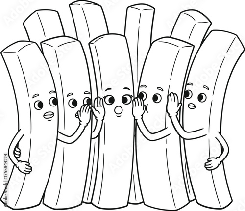 Funny cartoon French fries characters whispering secrets outline drawing for coloring book page or sticker