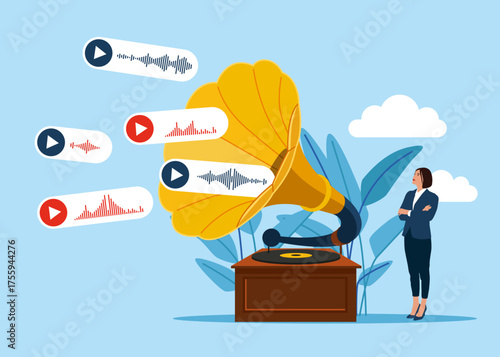From gramophone voice messages and sound waves. Attracting attention. Modern vector illustration in flat style.
