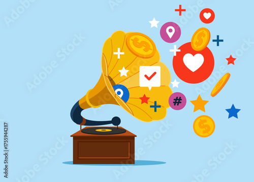 Donation and charity with coin, money out of the gramophone. Attracting attention. Modern vector illustration in flat style.