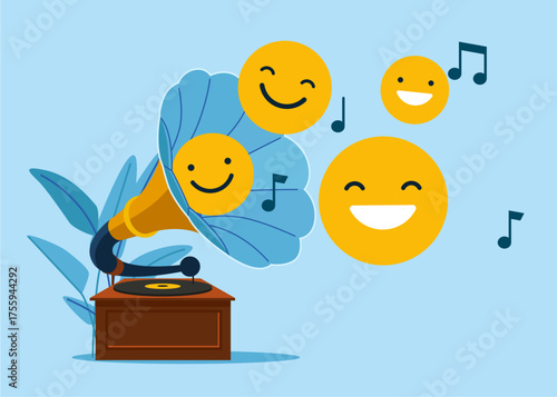 Positive thinking smile emoji out of the gramophone. Attracting attention. Listens to classical music. Vector flat illustration.