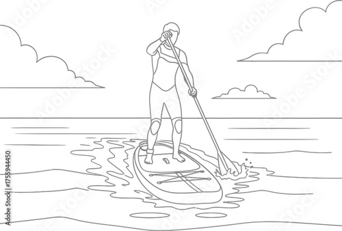 Stand Up Paddle Boarding SUP Man Line Art Outline Drawing Vector Illustration of Water Sport Activity
