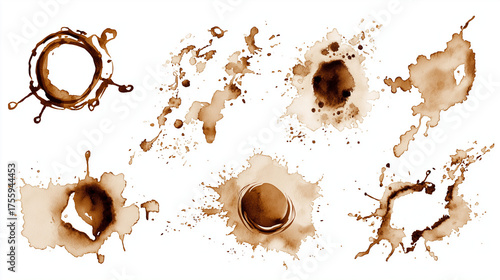 Collection set of coffee stains isolated on transparent or white background