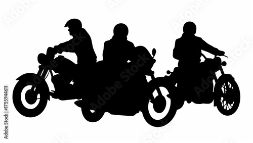 Silhouette of three motorcycles with riders wearing helmets against a white background in a simple graphic style