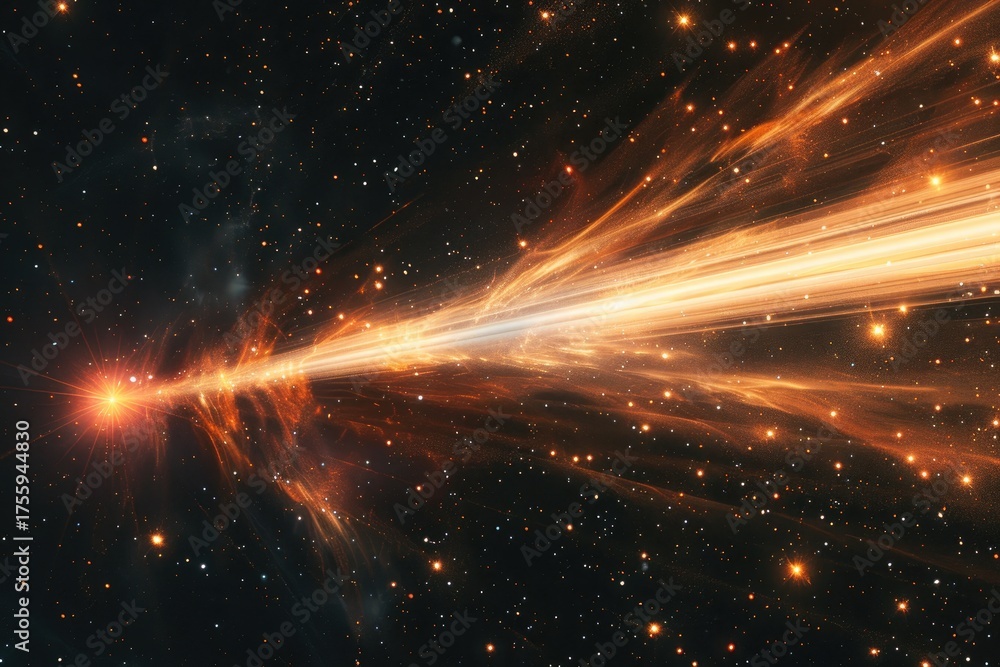 Fototapeta premium Bright beam bursts from distant star amidst the nebula for scientific presentations