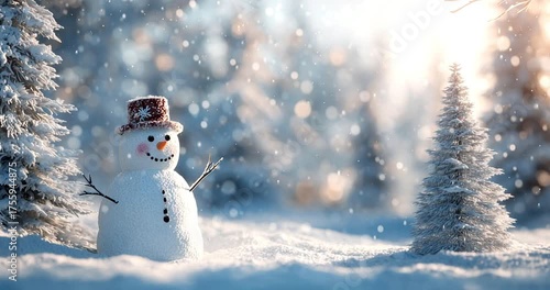 Snowman in Winter Forest with Snow Covered Trees and Festive Christmas Atmosphere