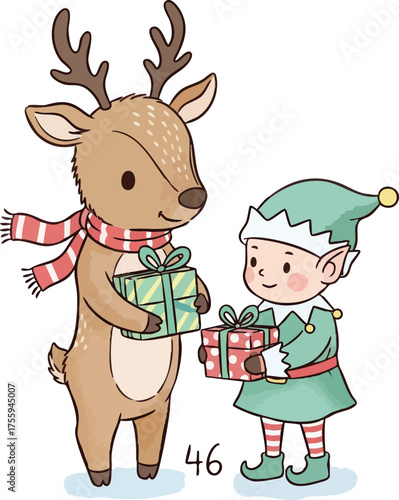 Cute cartoon reindeer and a little elf exchanging Christmas gifts.
