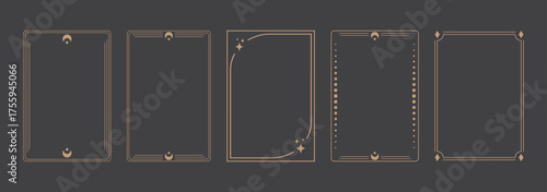Elegant golden linear frame with celestial and mystical geometric details. Esoteric border design with dots and corners isolated on dark background. Perfect for tarot, astrology, or luxury design.