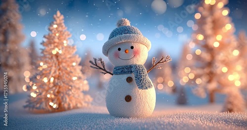 Snowman in Winter Forest with Snow Covered Trees and Festive Christmas Atmosphere