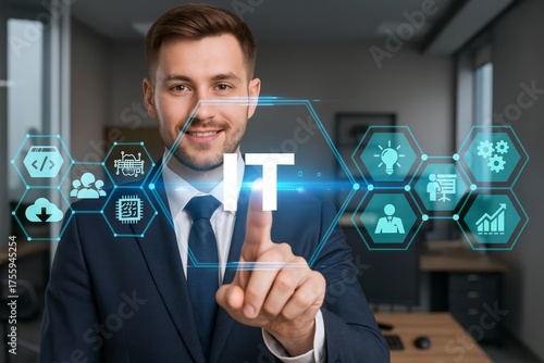 It professional touching virtual screen with information technology concept