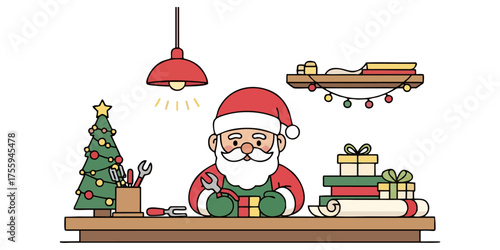Joyful Santa Claus meticulously crafting holiday gifts with tools and festive decorations, spreading Christmas cheer and workshop magic for a perfect season of giving