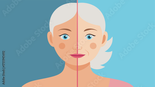 Aging Skin A visual comparison showing aging skin with reduced collagen and elastin depicting wrinkles and sagging areas versus healthy skin.