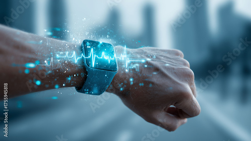 Wearable fitness tracker showing heart rate data on wrist of jogger, futuristic health tech