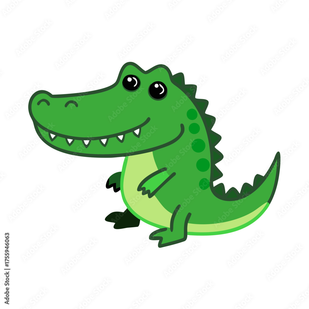 Naklejka premium Flat vector of a smiling cartoon alligator with green scales, black outline, cute swamp reptile