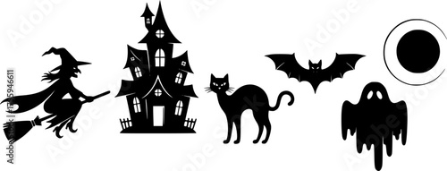 Classic Halloween Black Silhouette Vector Set: Witch, Cat, Bat, Haunted House, Simple Spooky Shapes for Graphic and Costume Design.	