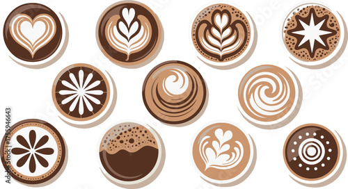 Artistic Coffee Cup Art Variety of Latte Designs with Hearts, Flowers, Swirls Bubbles