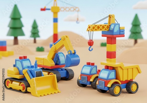 Construction site with toy excavators, dump trucks, and cranes in a desert landscape