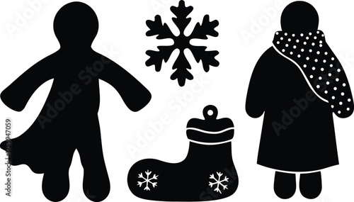 Christmas ginger hug blanket curl snow boot winter sprig muffin silhouette vector illustration