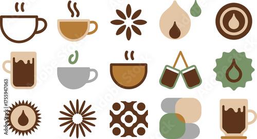 Assorted Coffee, Tea, and Herbal Beverage Icons in Earth Tones on White Background