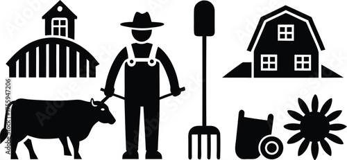 Collection of farming and agriculture icons representing rural life and cultivation silhouette vector illustration