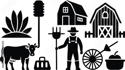 Collection of farming and agriculture icons representing rural life and cultivation clean silhouette vector