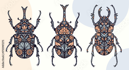 Intricate patterns adorn three decorative beetles displayed in a unique artistic composition.