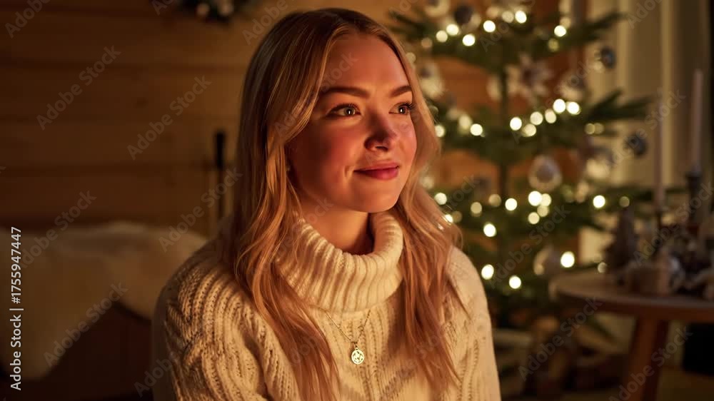 Young scandinavian woman looking and smiling during celebration. Cozy christmas spirit with glowing tree and ornaments, footage.