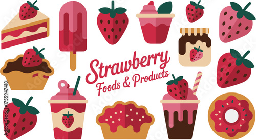 Assorted Strawberry Desserts Cartoon Cake, Ice Pop, Smoothies, Jam, Donut, Cupcake, Pie, Berries