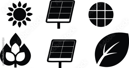 Eco energy icon set, solar panel vector, green environment icon, renewable energy design, sustainability eco icon, leaf eco symbol silhouette vector illustration