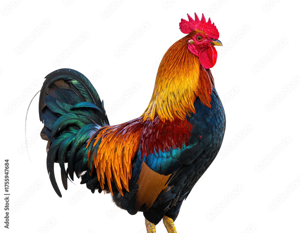 Fototapeta premium A vibrant, colorful rooster with a prominent comb and plumage stands out against a black backdrop