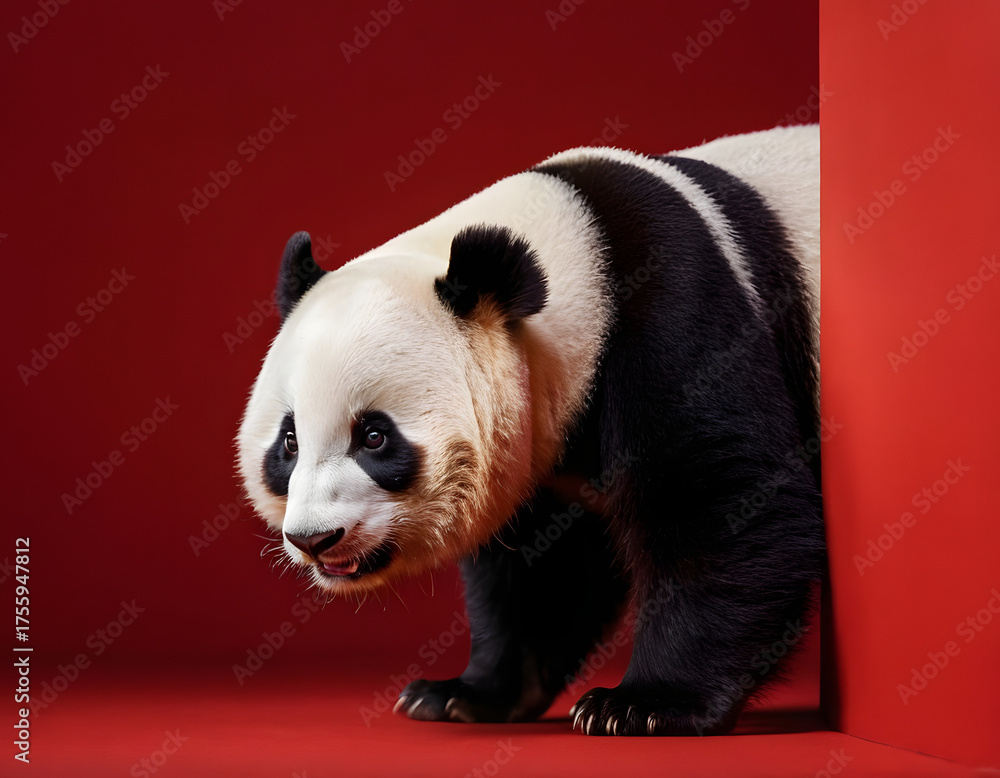 Fototapeta premium 3d panda bear, Panda cautiously peeks around a corner against a red background created with Generative AI technology. Copy space