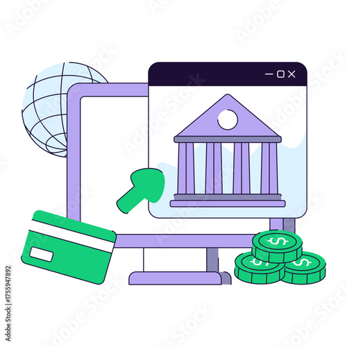 Bank building on webpage, concept of online banking illustration
