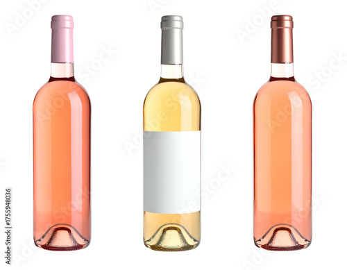 Three elegant glass wine bottles displayed in a line against a solid dark background