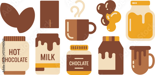 Cartoon Style Chocolate and Sweeteners Hot Chocolate, Milk, and Honey Product Icons