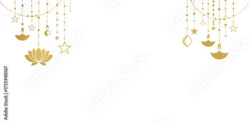 Luxury Golden Diwali Hanging Ornaments Vector Background - Stars, Lotus, and Diya Lamps on Dark Blue Background