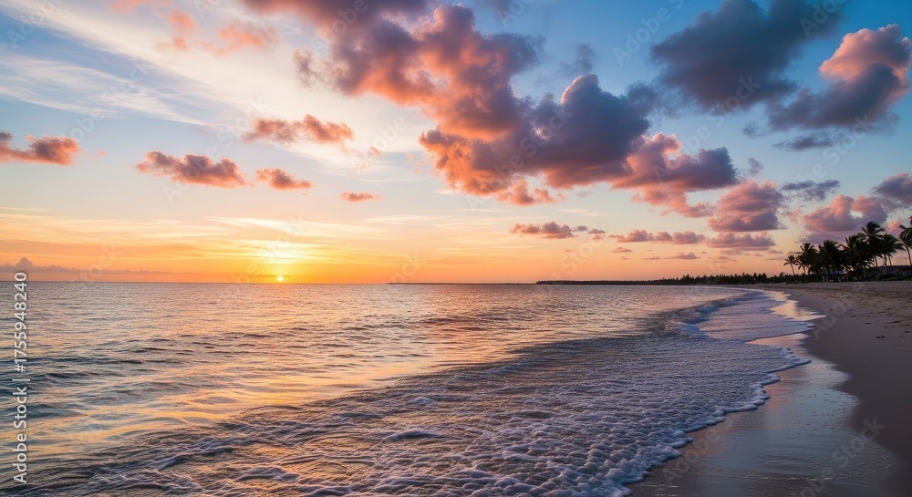 Fototapeta premium Beautiful sunset over the ocean with colorful clouds and gentle waves the beach